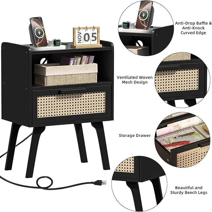 Lerliuo Rattan Nightstand with Charging Station, Black Bedside Table with Dra...
