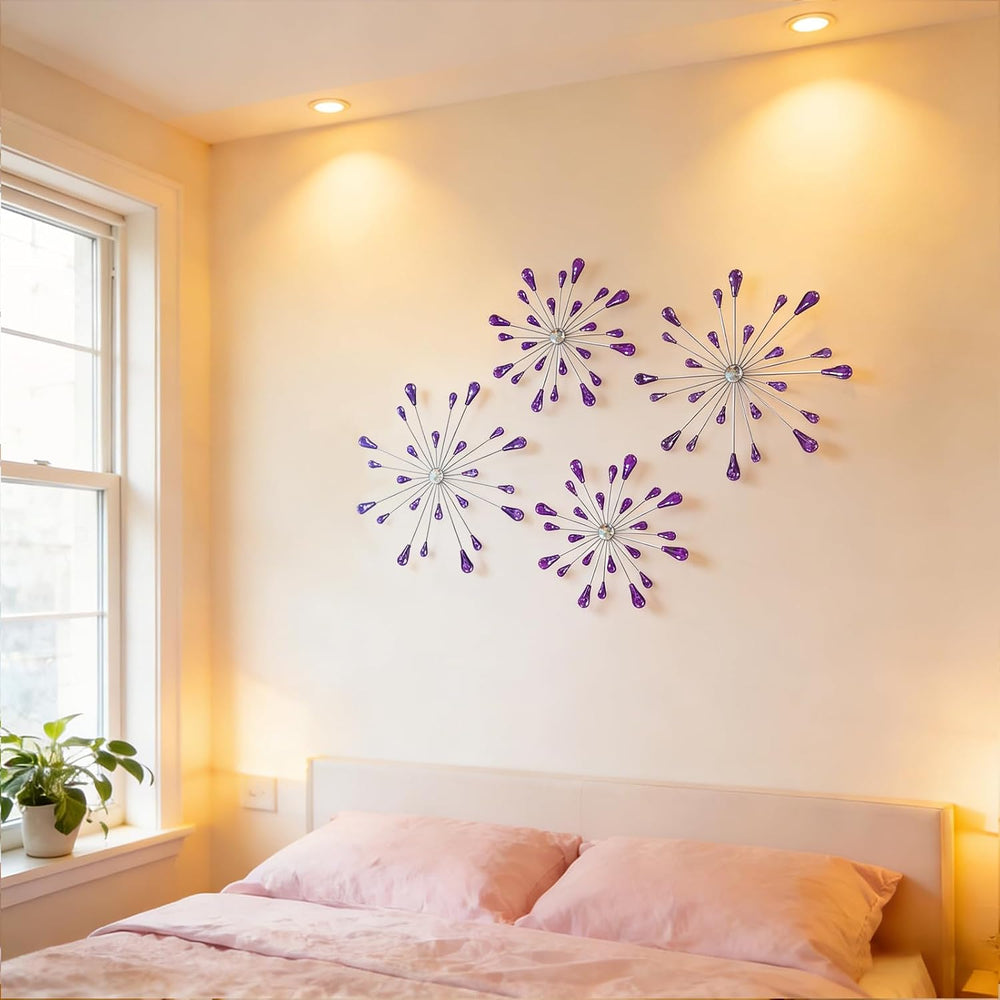 ZEXUIRU 4 Set Silver Starburst Wall Art for Home Decor Metal Bling Crystal Rh...