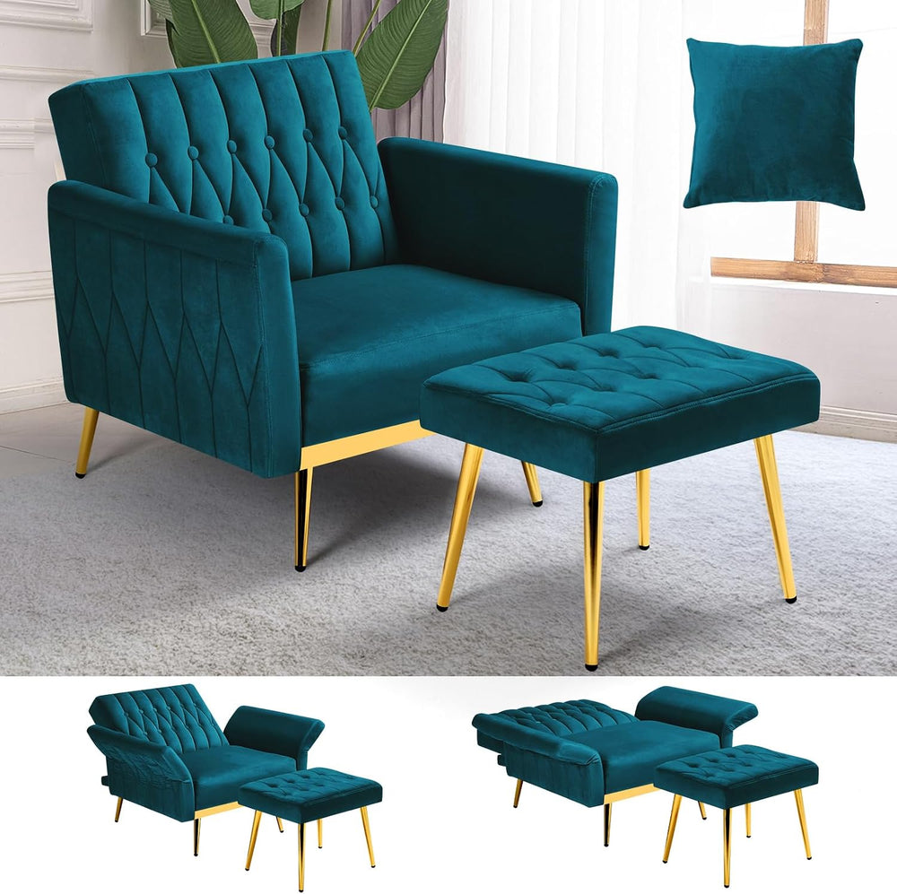Velvet Accent Chair w/Ottoman & Adjustable Backrest,Teal