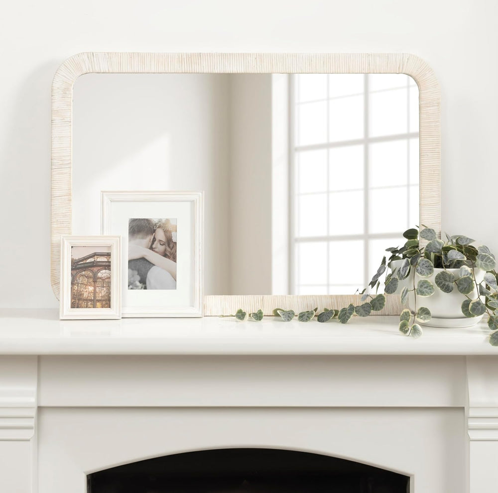 Kate and Laurel Rahfy Boho Rectangle Rattan Mirror; 24 x 36; White; Decorativ...