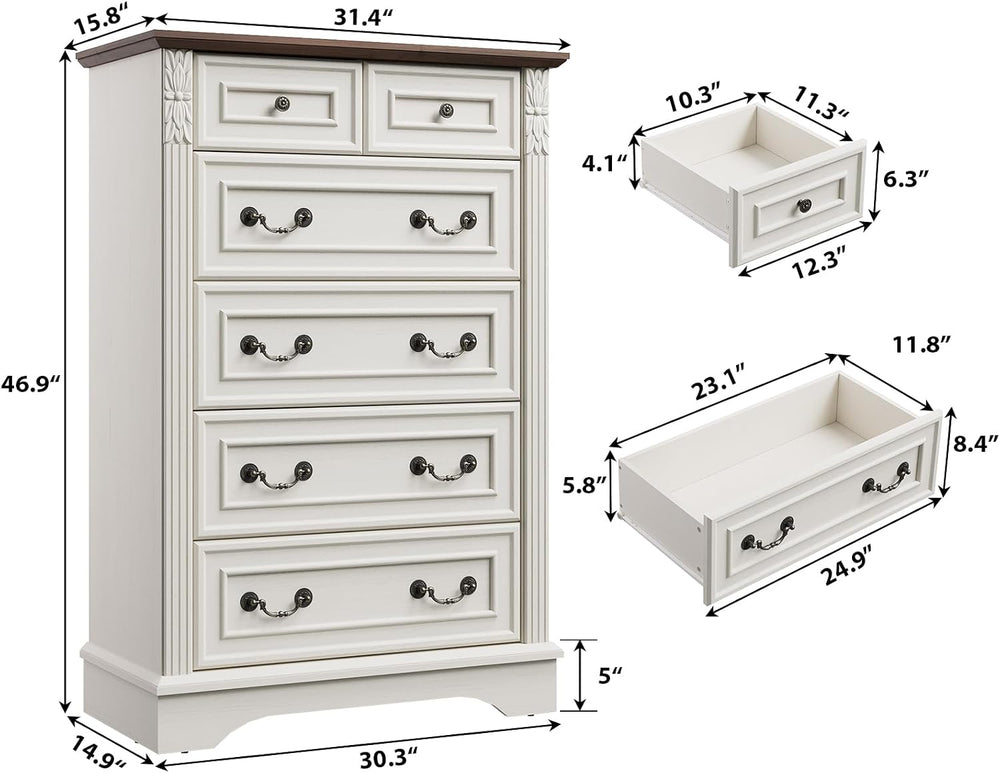 BLANKSPACE Farmhouse Dresser with 6 Drawers, Antique White Dresser for Bedroo...
