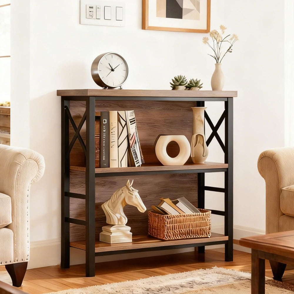 MNEETRUNG Book Shelf, Small 3-Tier Industrial Bookshelf with Strong Metal Fra...