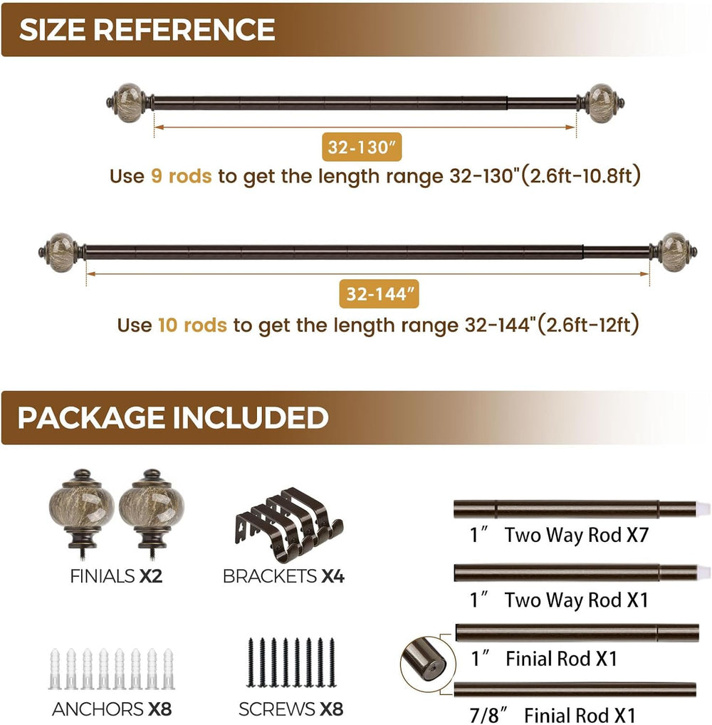 KAMANINA 1 Inch Curtain Rods for Windows 72 to 144 Inch, Bronze Drapery Rod
