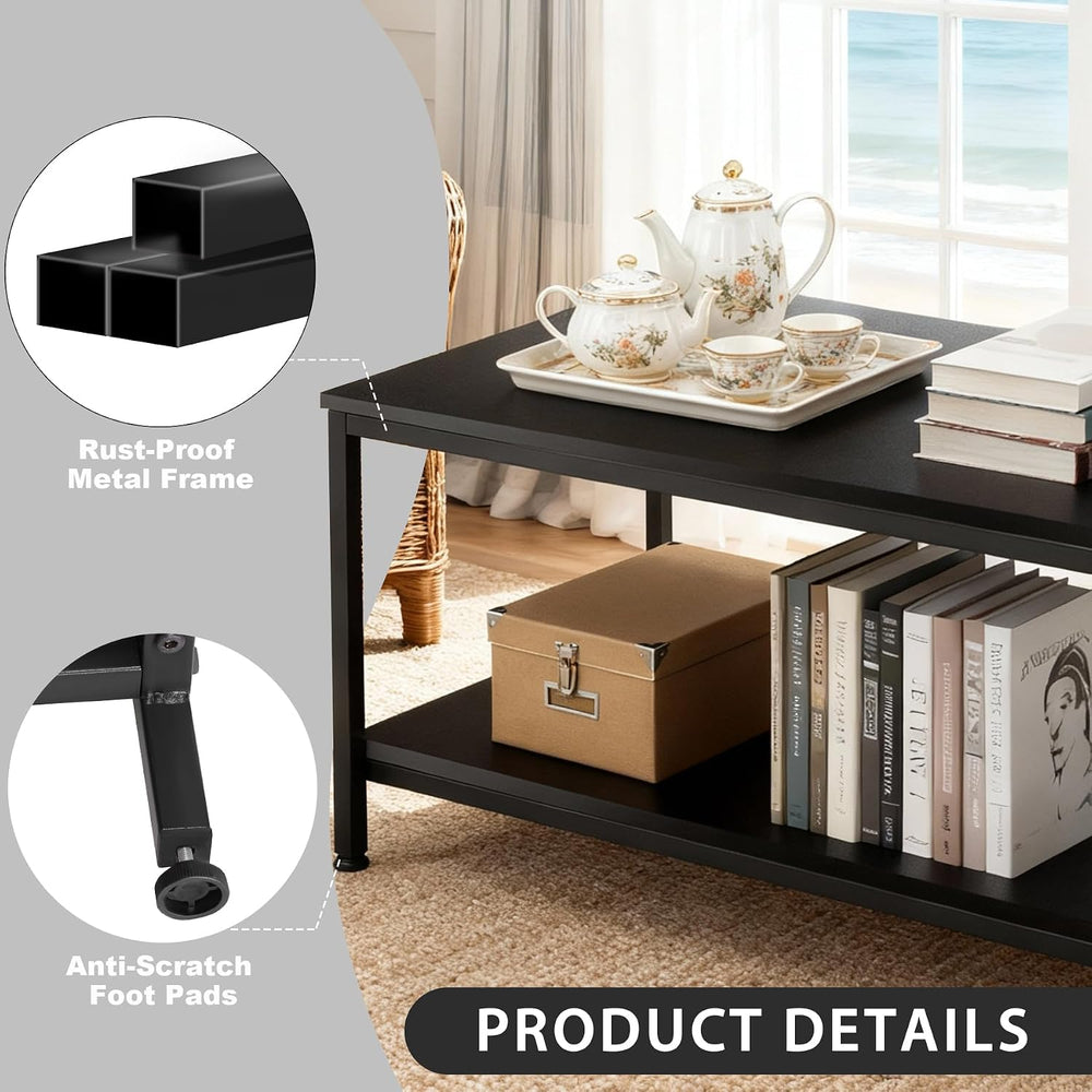 SUPER DEAL 2-Tier Industrial Coffee Table with Storage Shelf for Small Apartm...
