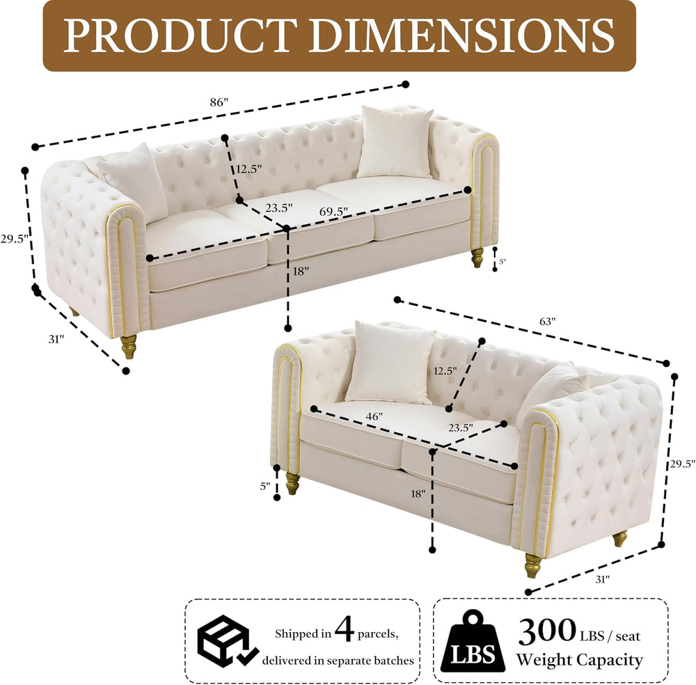 Chesterfield 86" 3-Seater + 63" Loveseat White Velvet Sofa Sets, 3+...