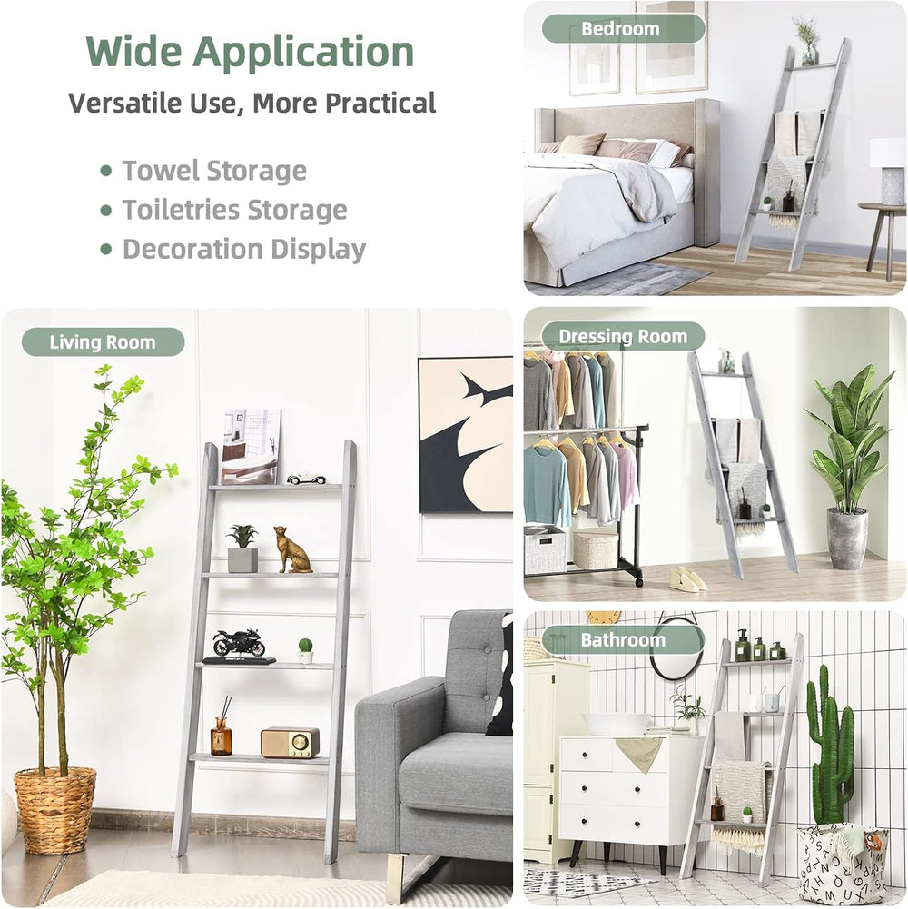 Tangkula 4-Tier Wooden Blanket Ladder, 4.5 ft Farmhouse Storage Rack, Wall Le...