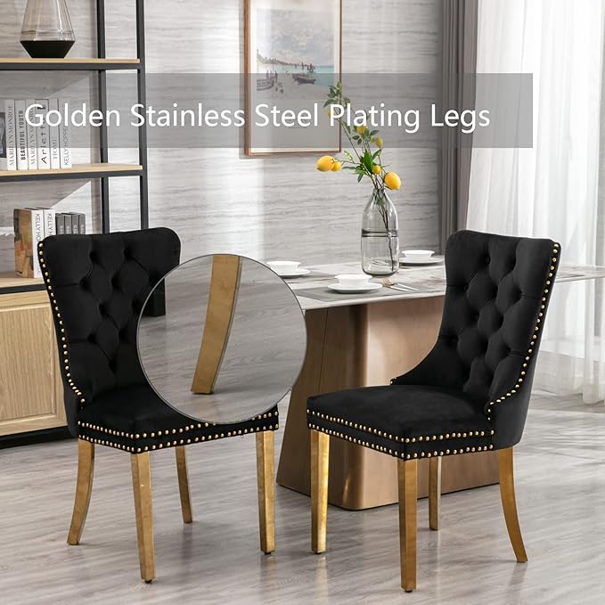 Black Dining Chairs Set of 2, Velvet Upholstered Dining Room Chairs with Back...