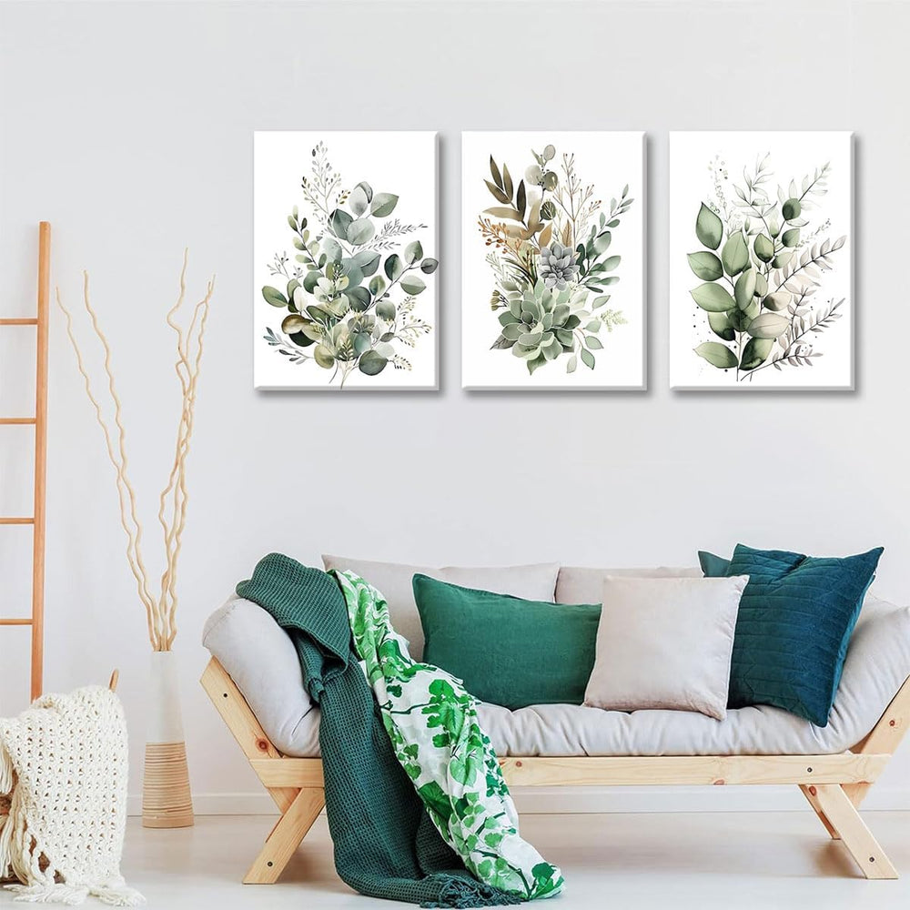 Bwodke Sage Green Botanical Canvas Wall Art Set of 3, 12x16 inch