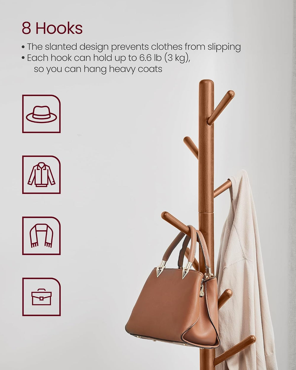 VASAGLE Solid Wood Coat Rack, Free Standing Tree-Shaped Coat Rack with 8 Hook...