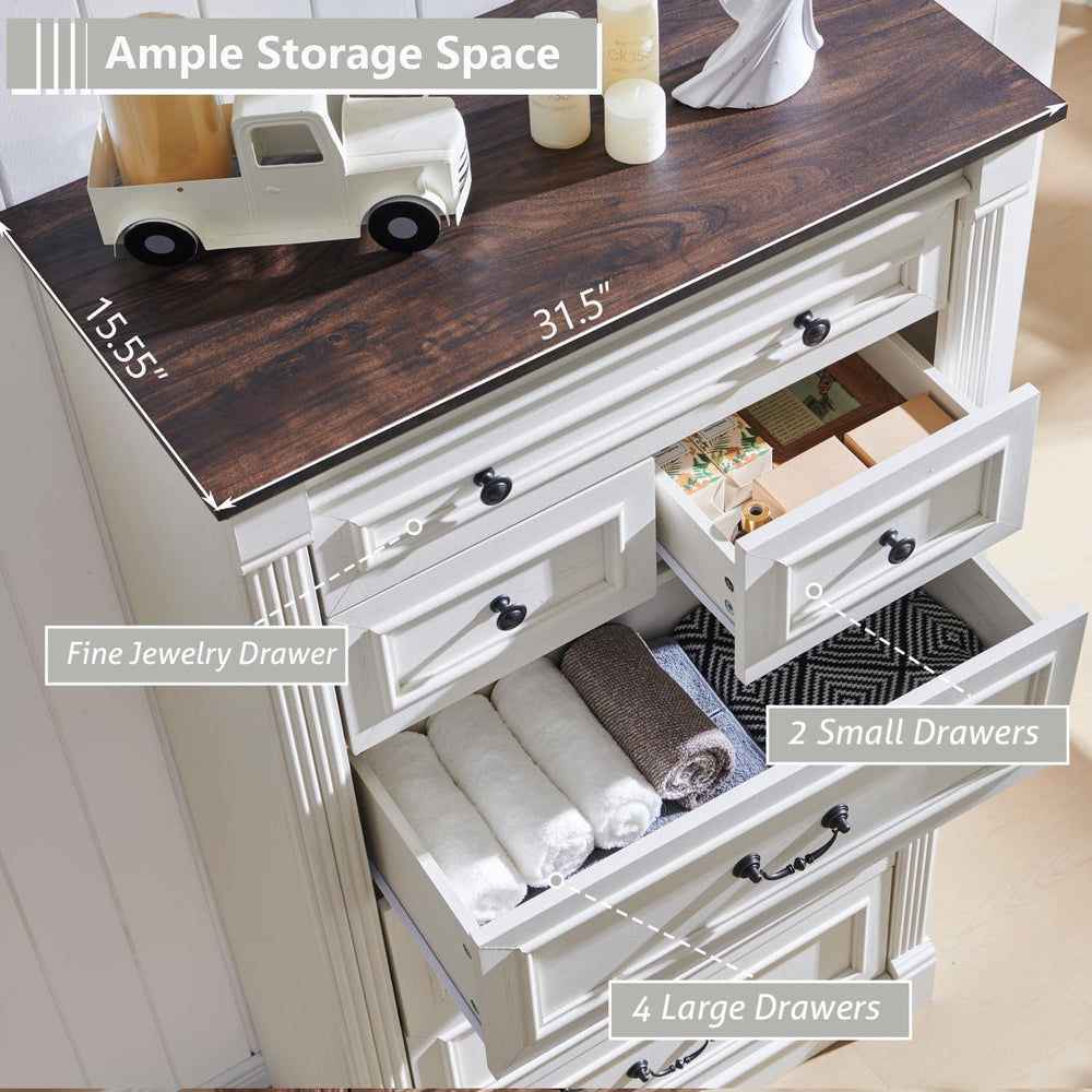 Aitjunz Farmhouse 57" Tall 7 Drawers Dresser for Bedroom, Antique White