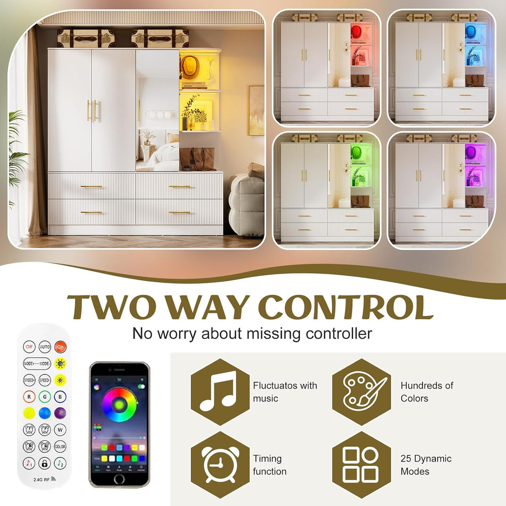 PAKASEPT Armoire Wardrobe Closet with 3 Door, Mirror, LED Lights