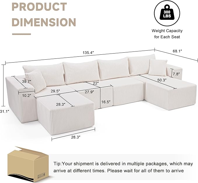 135.4" Cloud Couch Sectional, Modular Sectional Sofa with Deep Seat, Plu...