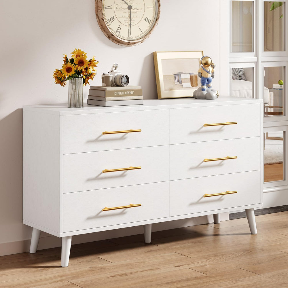 Aiho 6 Drawer Dresser for Bedroom, Wood Chest with Metal Handles, White