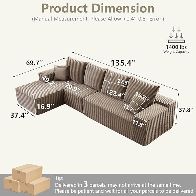 135" Cloud Sectional Couch with L-Shape Chaise, Modern Modular Comfy Sof...