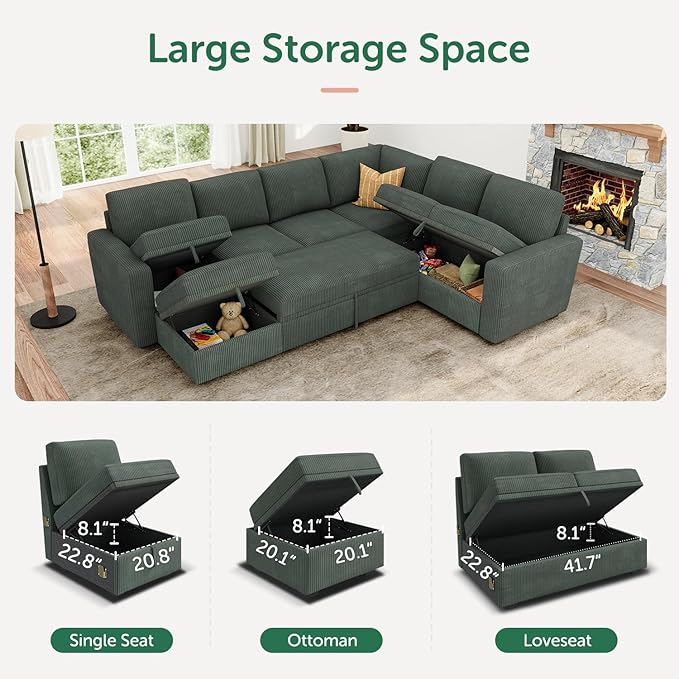 HONBAY Modular Sectional Sleeper Sofa with Pull Out Bed, Corduroy Couch with ...