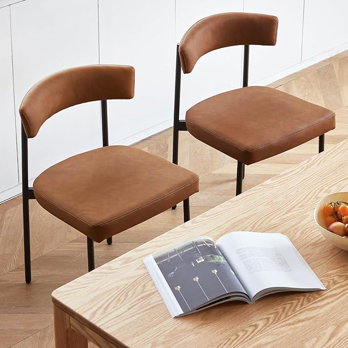 Brown Faux Leather Dining Chairs Set of 4, Armless Upholstered Kitchen Chair,...