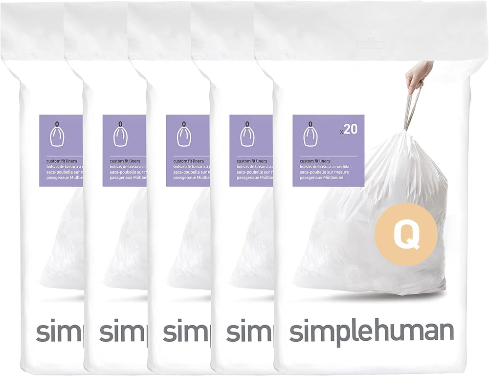 simplehuman Code Q 100 Count Custom Fit Liners, Drawstring Kitchen Trash Bags