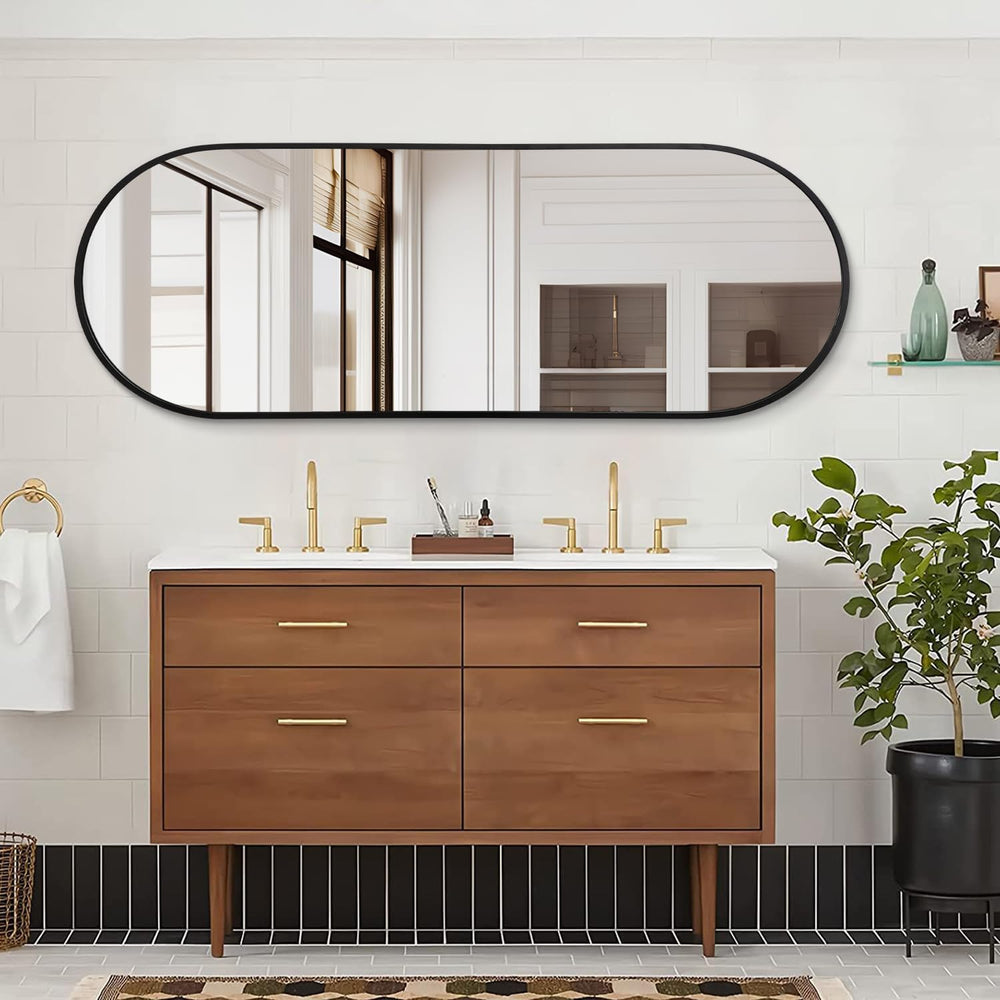 Black Oval Bathroom Full Length Mirror, 48x16'' Pill Shaped Oblong Va...