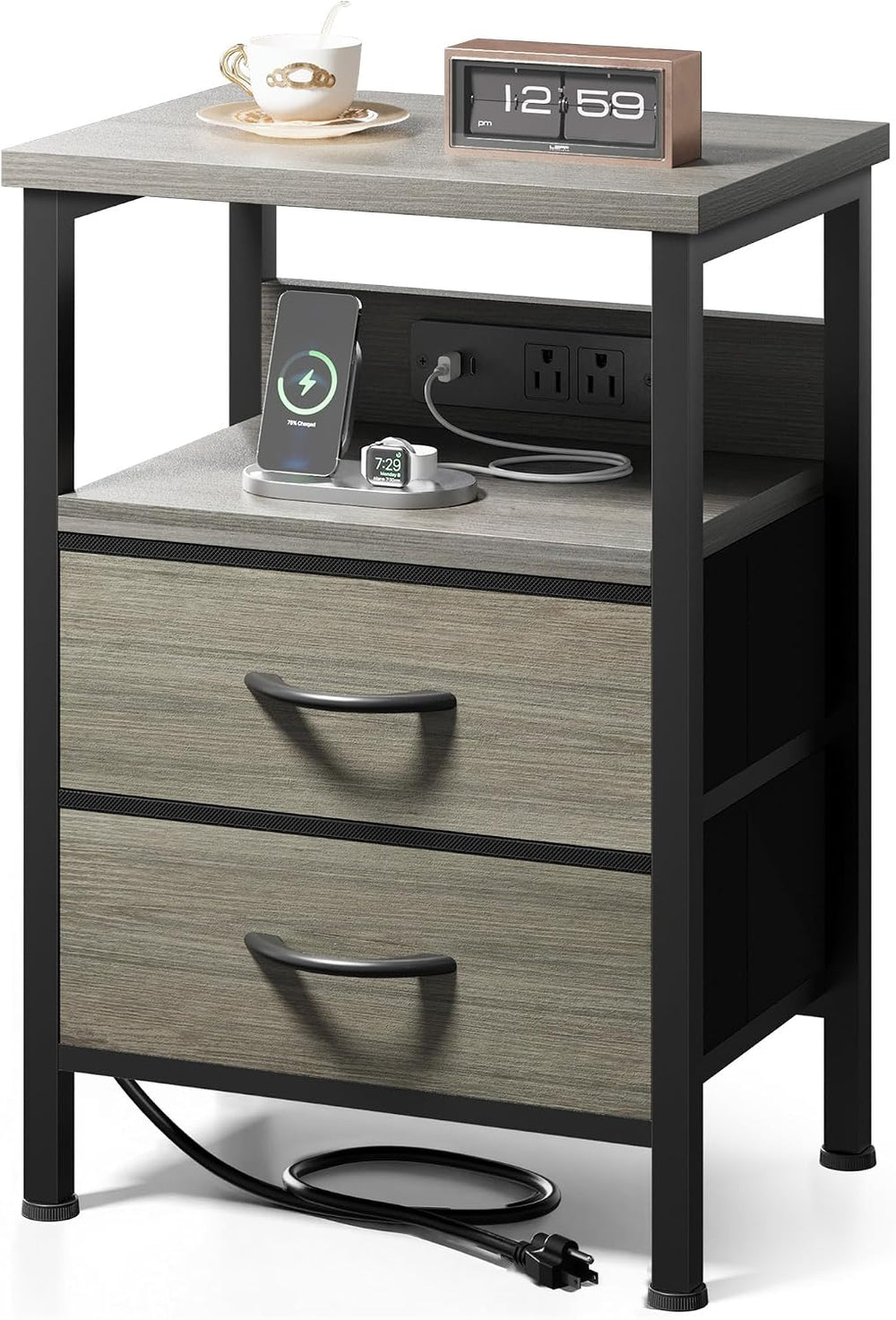 Lazzanto Night Stand with Charger Station, 2 Fabric Drawers, Grey | Nightstan...