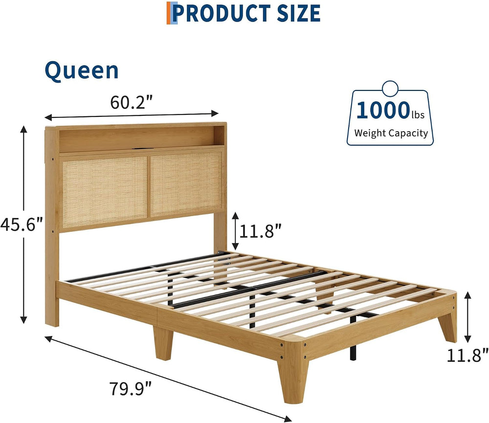 IDEALHOUSE Rattan Queen Bed Frame with Natural Rattan Headboard,Bohemian Quee...