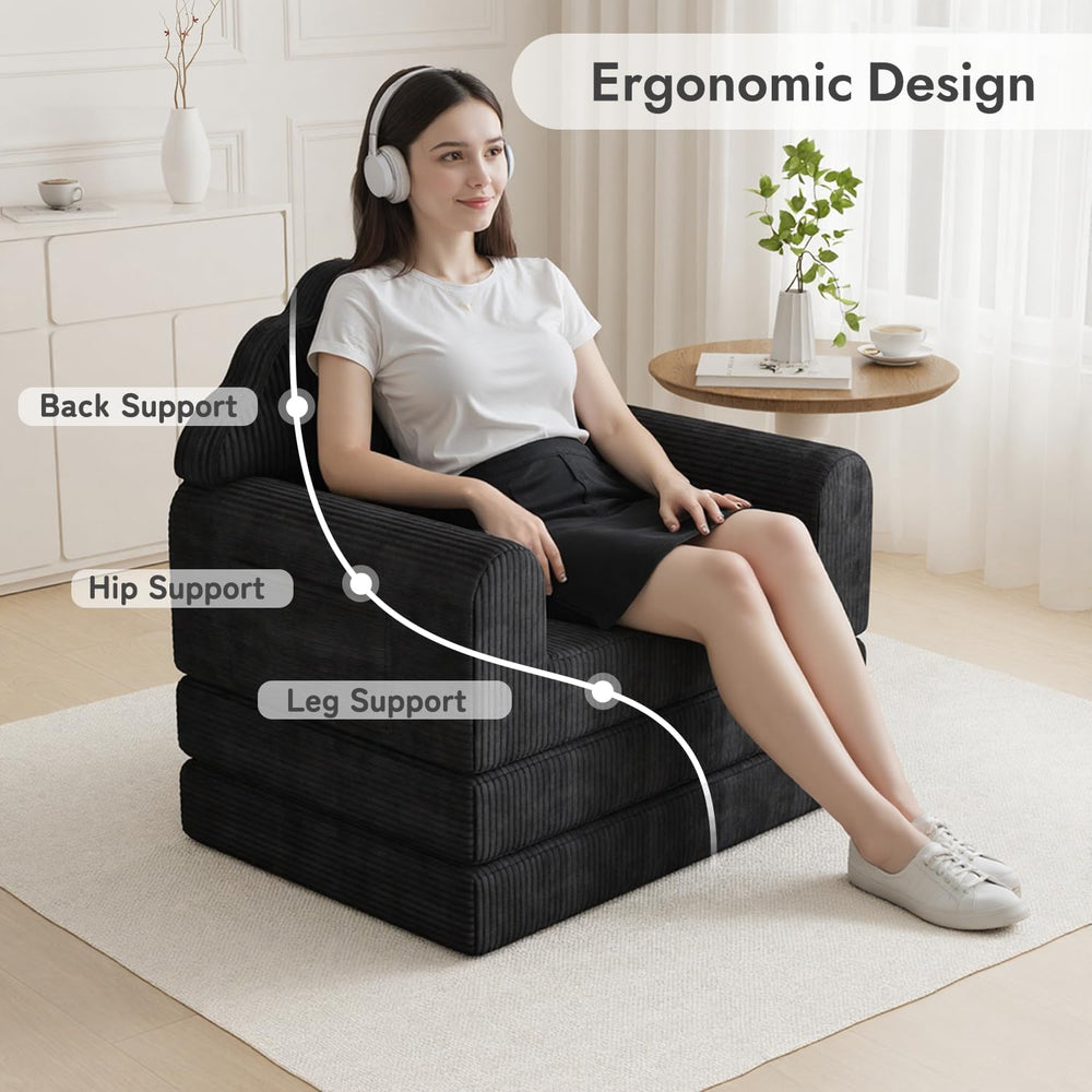 Folding Sofa Bed, 2-in-1 Convertible Futon Sleeper Chair, Black