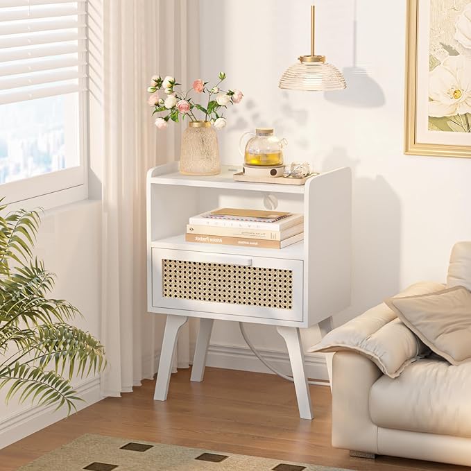 Lerliuo Rattan Nightstands Set of 2 with Charging Station, White Bedside Tabl...