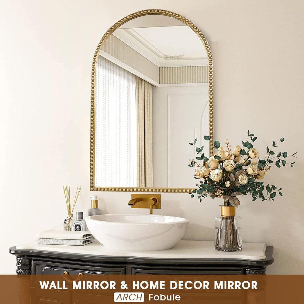 Arched Wall Mirror for Bathroom, 30"x40" Metal Beaded Frame Decorat...