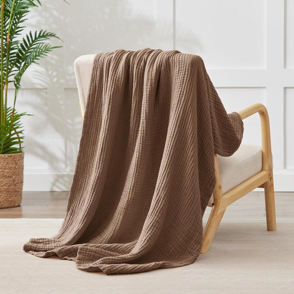 100% Cotton Muslin Blanket for Adults, 6-Layer Large Throw, 50x70, Brown