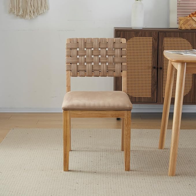 VINGLI Khaki Woven Wooden Dining Chairs Set of 4,Armless Mid Century Modern D...