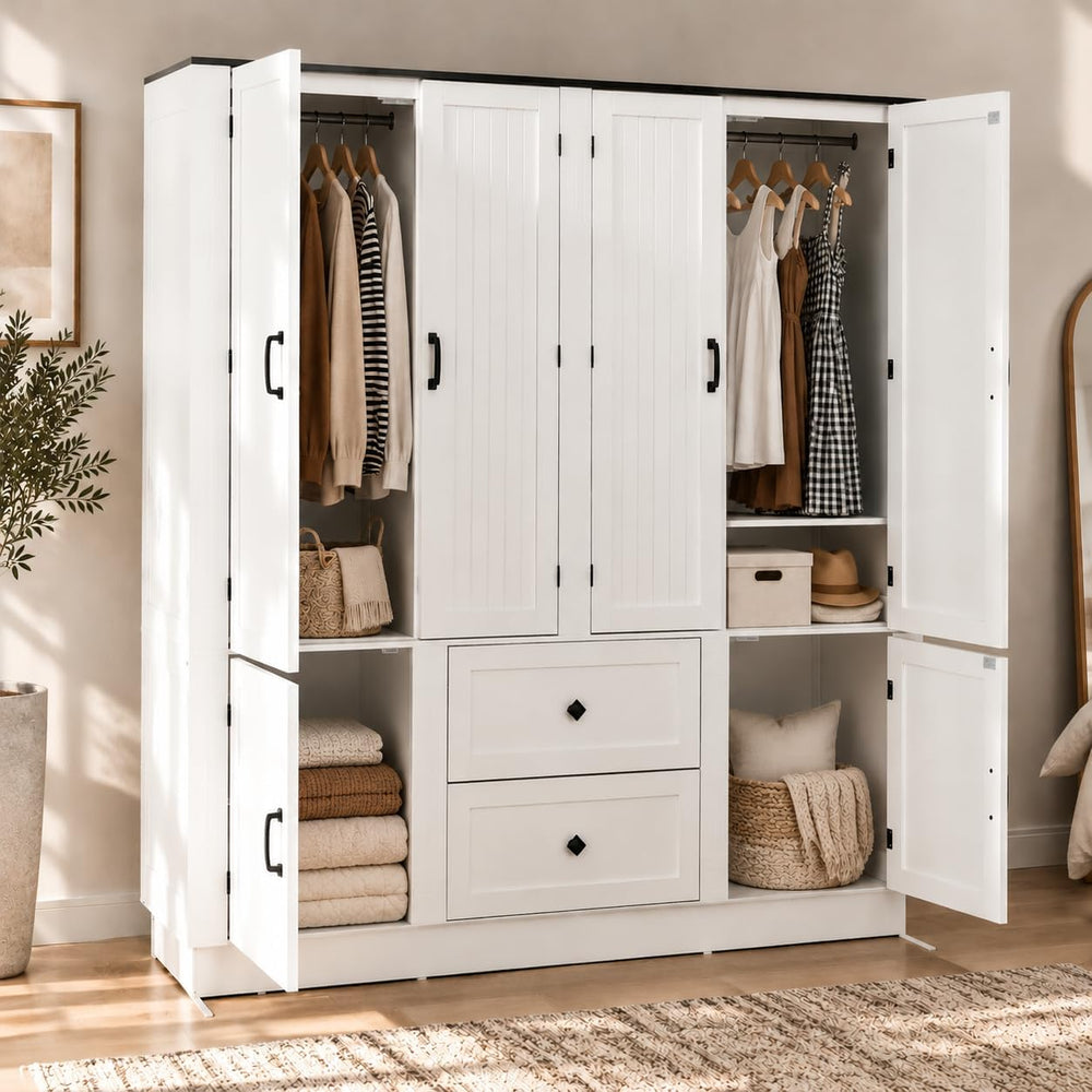 63"W White 6-Door Armoire Wardrobe Closet, 2 Drawers, LED Lights