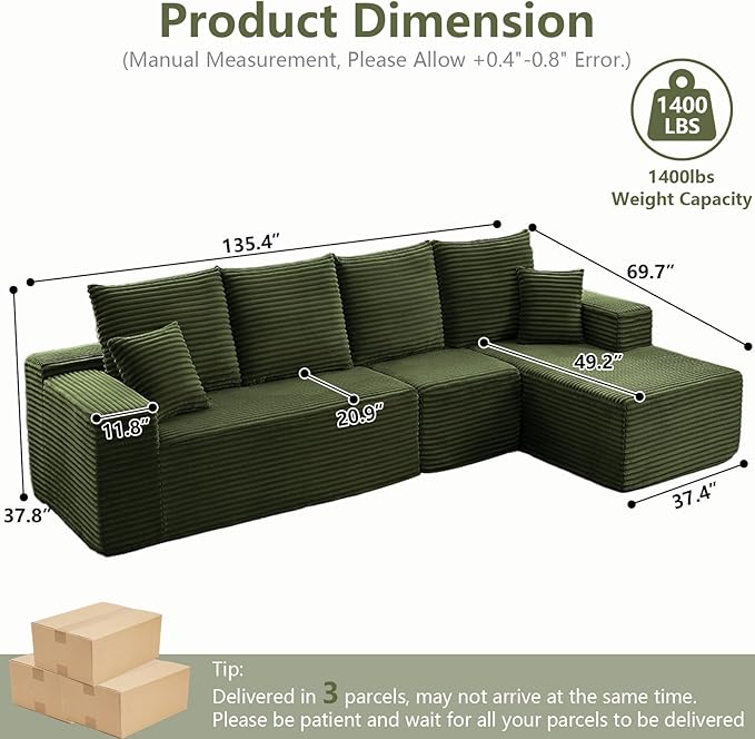 135" Cloud Sectional Couch with L-Shape Chaise, Modern Modular Comfy Sof...