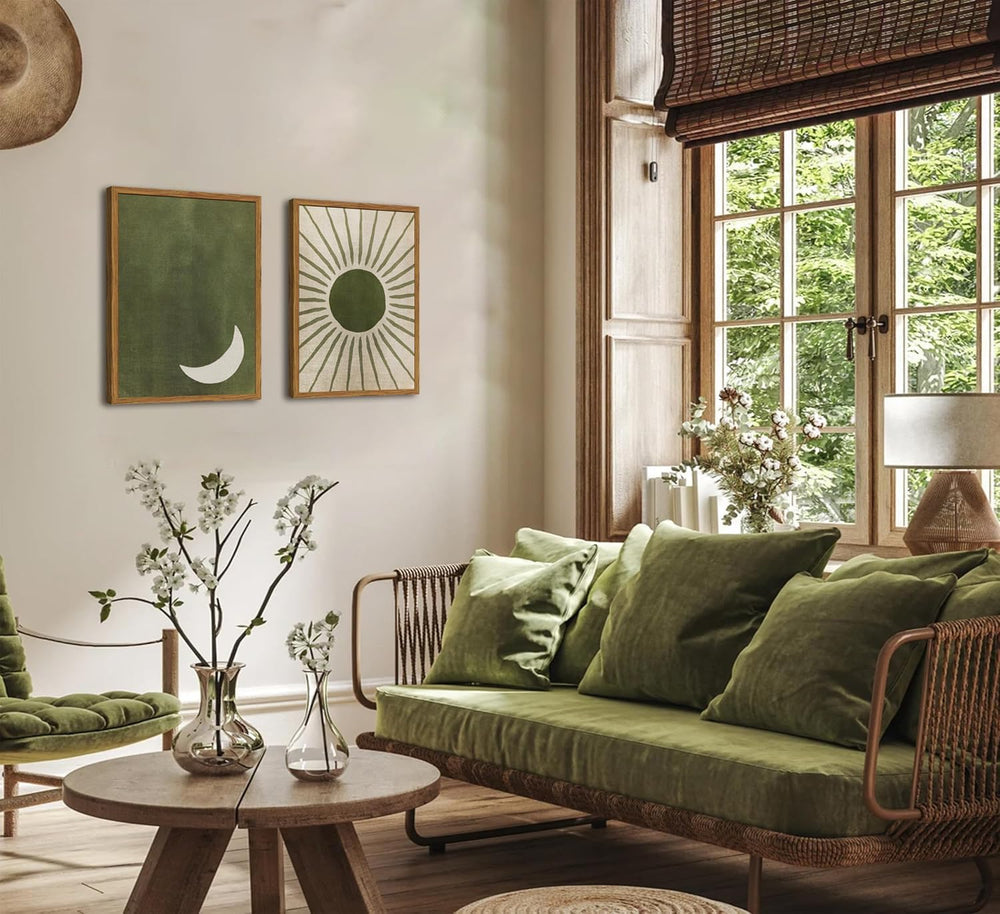 Framed Boho Sun and Moon Canvas Wall Art Set of 2, Vintage Sage Green Bohemia...