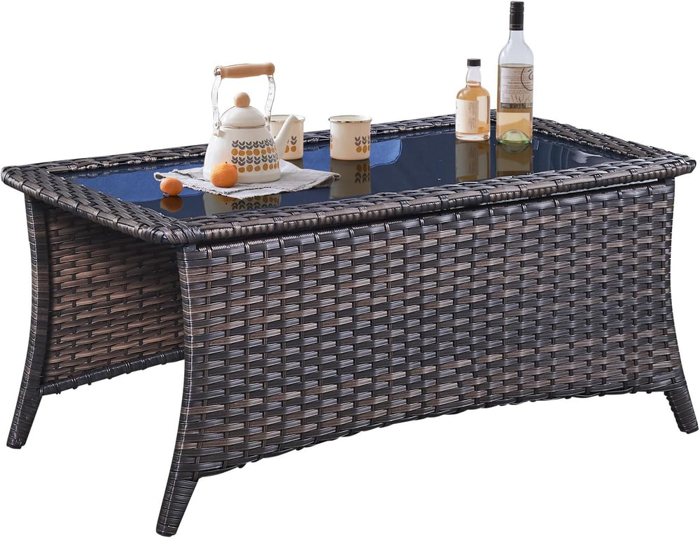 Belord Outdoor Coffee Table with Tempered Glass Top, Patio Rectangular Brown ...