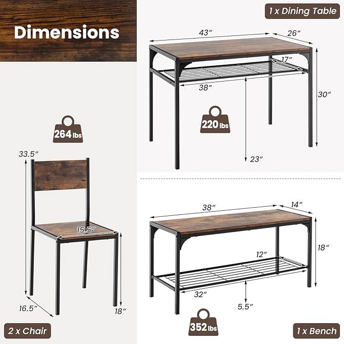 Giantex Dining Table Set for 4, Kitchen Table with Chairs & Bench, Storag...