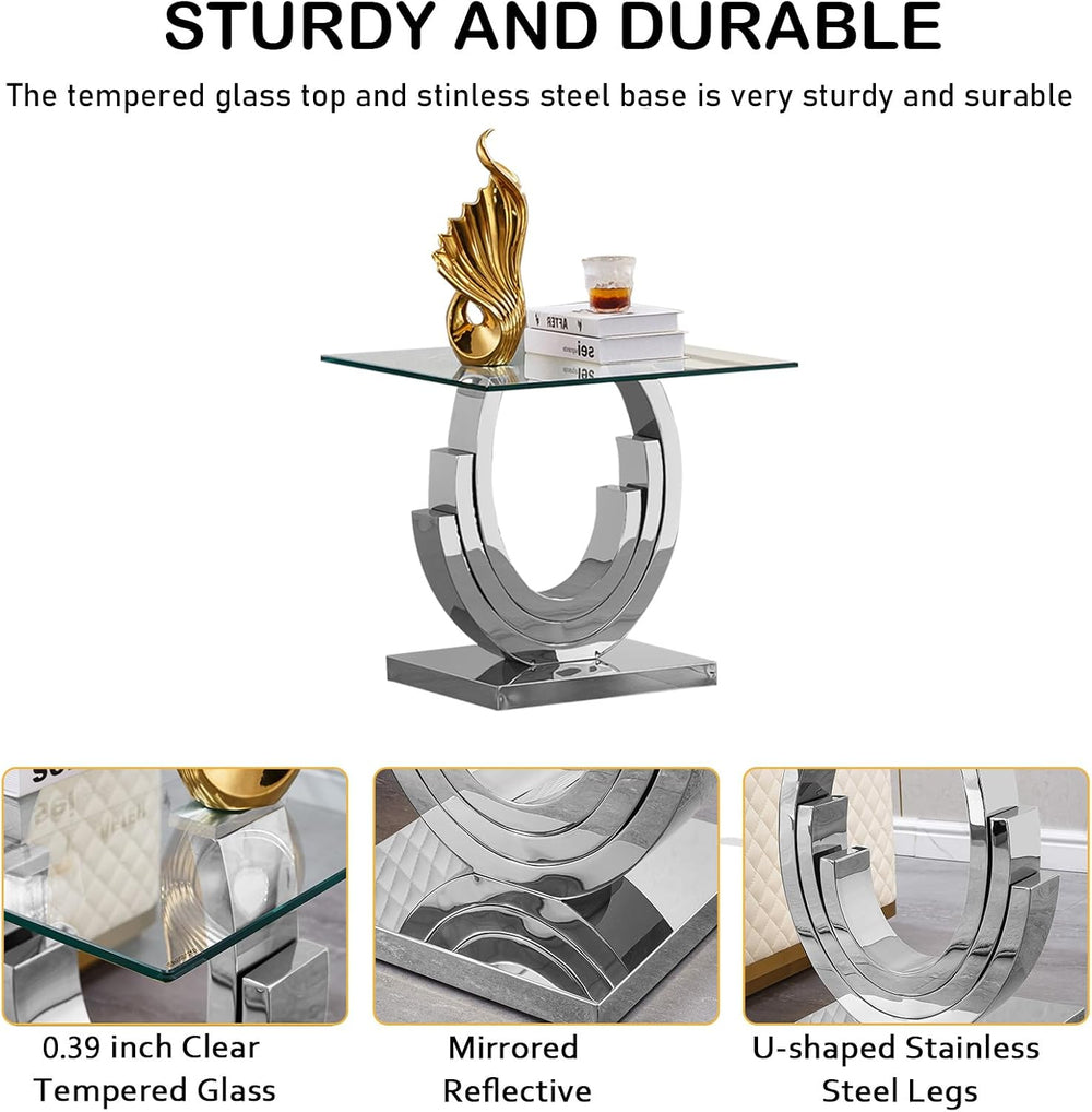 Glass End Table, 22.83" Square Side Table with Tempered Glass Top and Si...