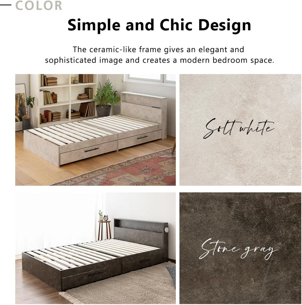 EMOOR Wood Slatted Bed Frame with Storage Drawers HEIM Twin (Stone-Gray), Hea...