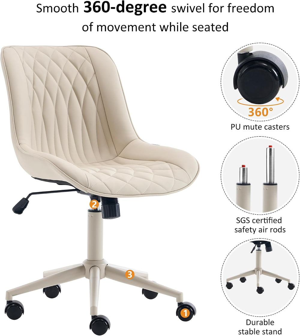 YOUNIKE Faux Leather Office Desk Chair Comfy Vanity Chair Armless Cream | Erg...