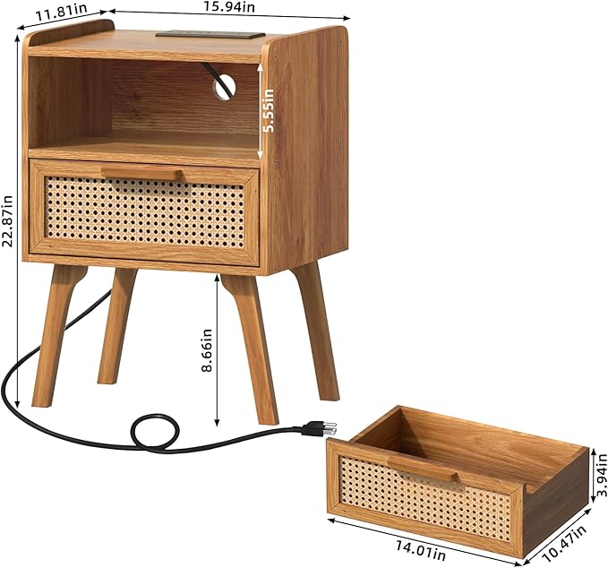 Lerliuo Rattan Nightstands Set of 2 with Charging Station, Side Table with Dr...