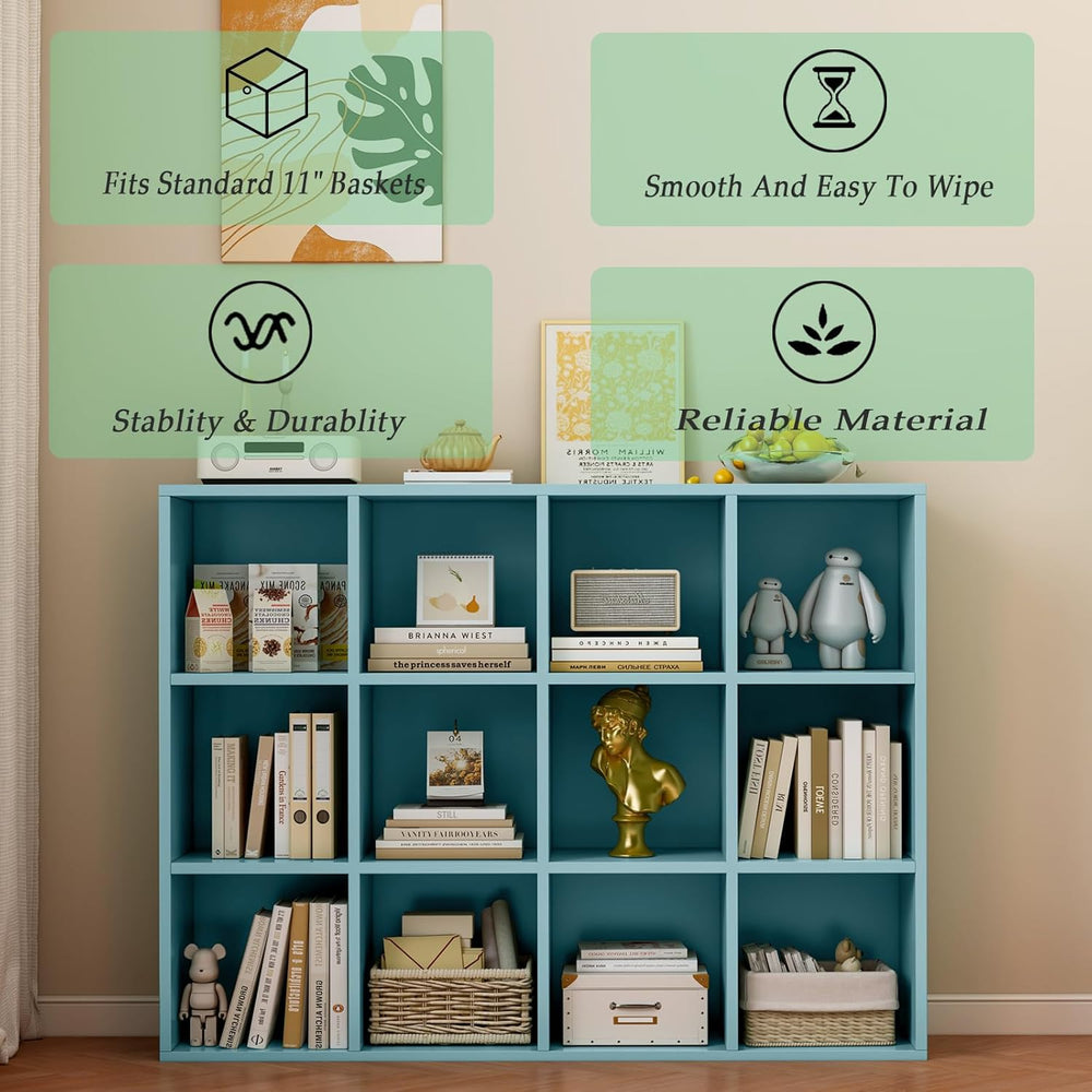 12-Cube Storage Shelf Bookcase - Wooden 3-Tier Floor Standing Open Bookshelf ...
