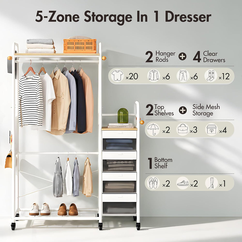 WLIVE Dresser with Hanging Rack, 4 Drawer Dresser for Bedroom, Natural Oak