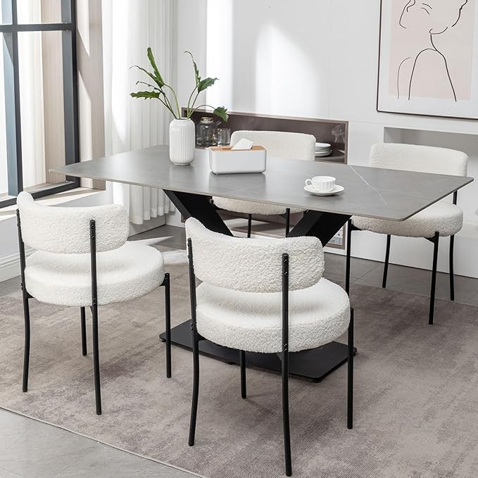 White Boucle Dining Chairs Set of 4, Upholstered Dining Room Chairs with Blac...
