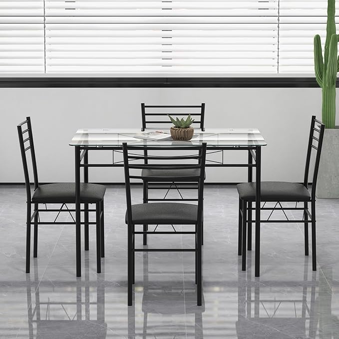 Giantex 5 Piece Dining Table Set, Kitchen Dining Set with Tempered Glass Tabl...