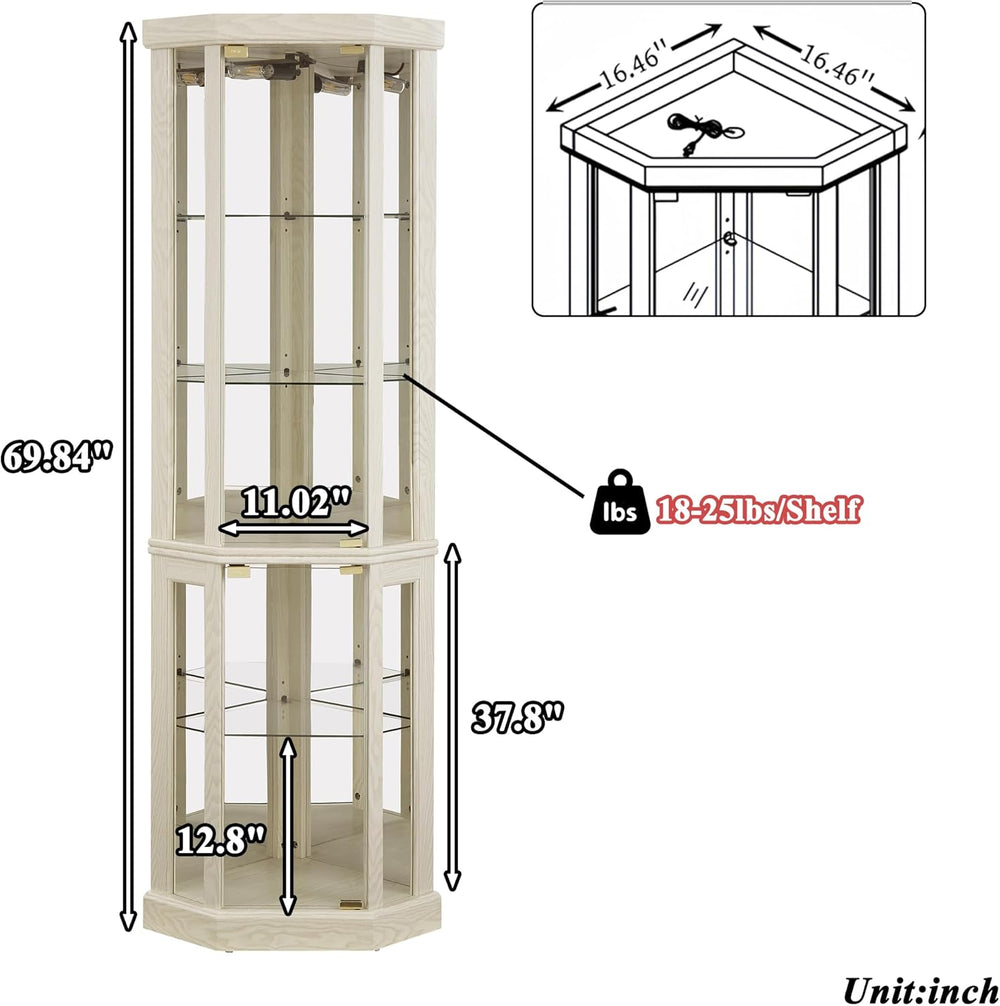 69" H Lighted Corner Display Cabinet, Curio Corner Glass Cabinet w/Adjus...