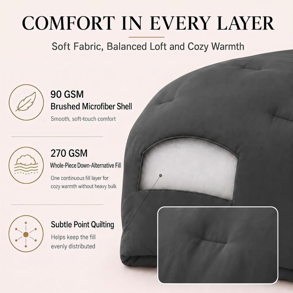 CozyLux Full Comforter Set, 3 Pieces Down Alternative Bedding, Dark Grey