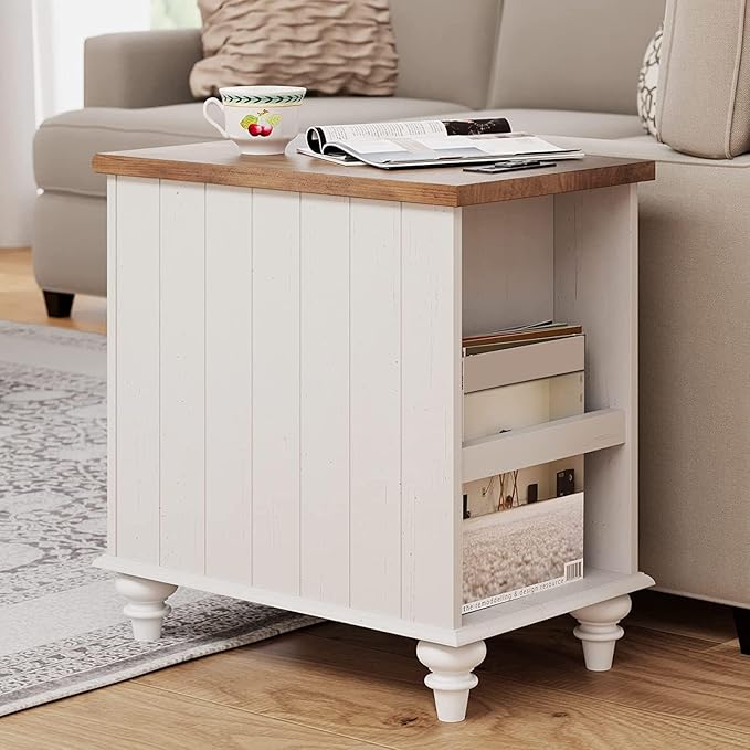 WAMPAT End Table with Charging Station, White Side Table with Storage Cabinet...