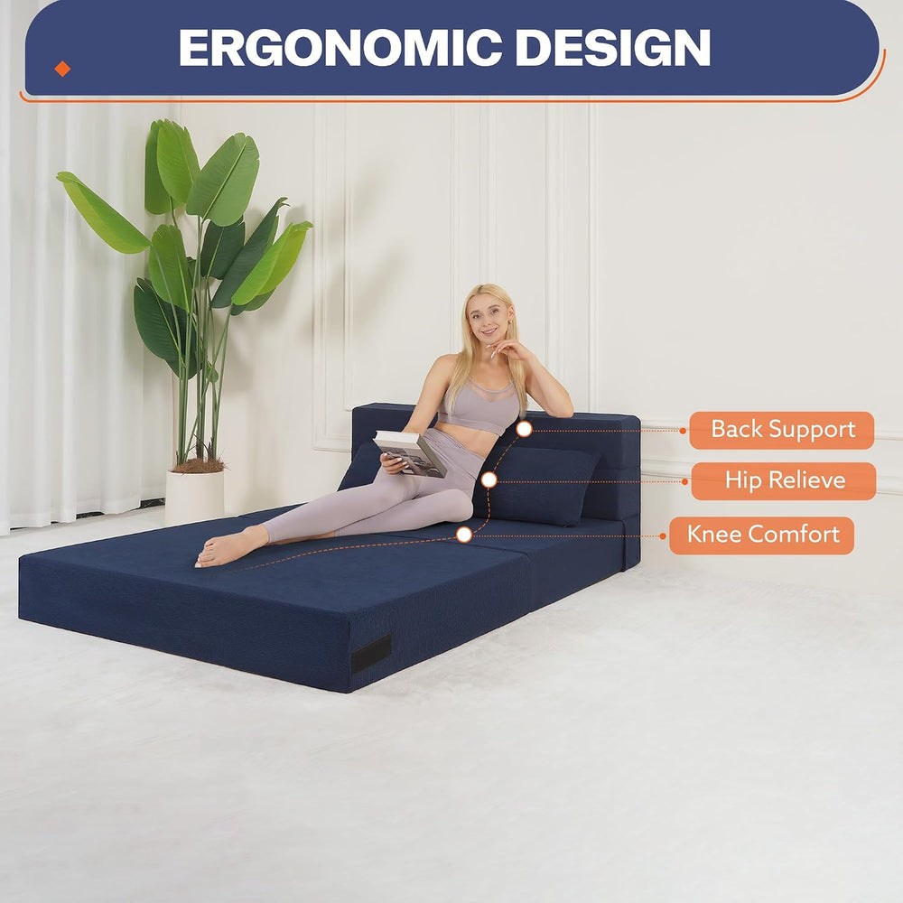 Fold Out Chair Bed with Pillow High-Density Foam Standard Size, Blue