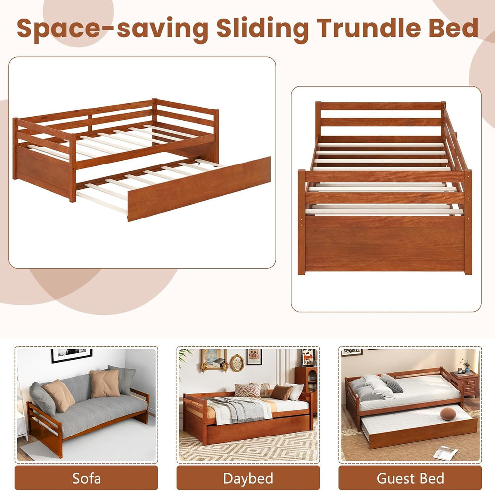 GIANTEX Twin Daybed with Trundle, Wood Trundle Bed with Wood Slat Support, Mi...
