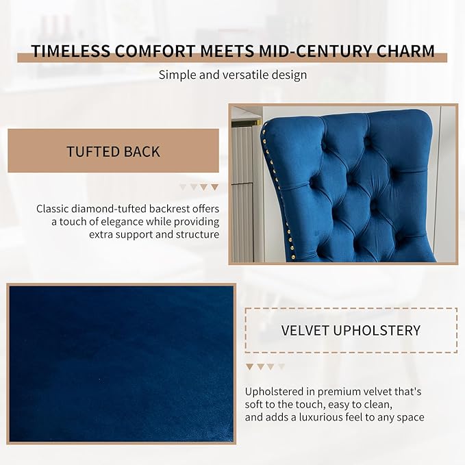 Mid Century Modern Dining Chairs Set of 2, Blue Velvet Upholstered Tufted Bac...