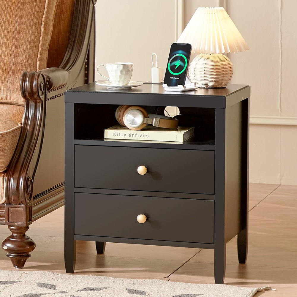 Huuger Nightstand with Charging Station, Black Nightstand with 2 Drawers, Bed...