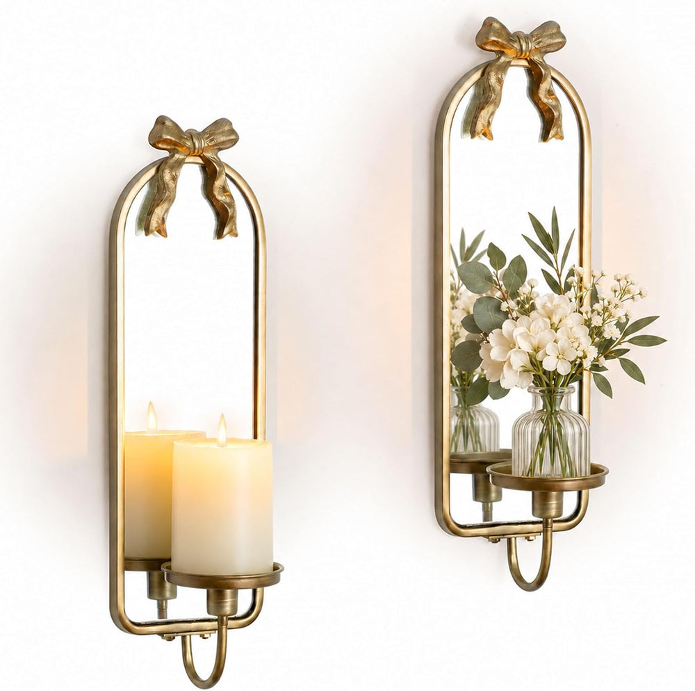 Gold Mirrored Candle Sconces Set of 2 with Arch Metal Frame